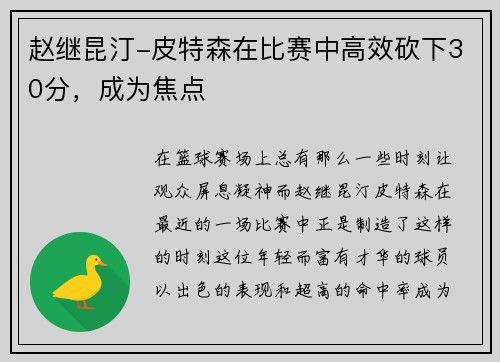 赵继昆汀-皮特森在比赛中高效砍下30分，成为焦点